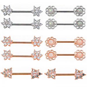 Silver and Rose Gold 316L Surgical Steel Flower CZ Nipple Piercing Jewelry