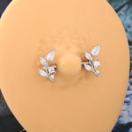 14G Stainless Steel Cubic Zirconia Leaf Nipple Ring Barbell Piercing