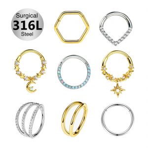 316L stainless steel Silver and Rose Gold conch daith tragus cartilage hinged clicker Segment Rings Piercing SET