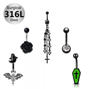 Halloween Navel Belly Button Ring Piercing Jewelry 316L Stainless Steel Bat rose Cross coffin